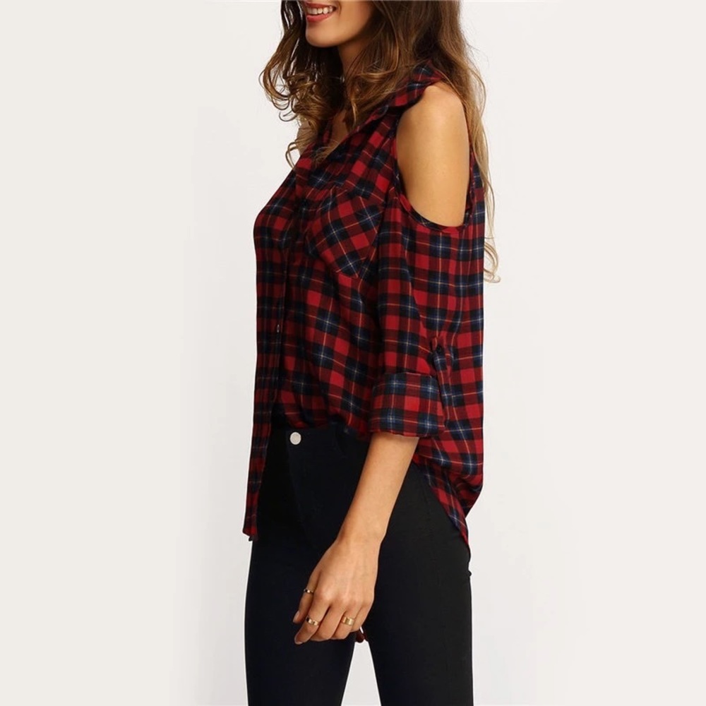 Cold Shoulder Red Plaid Flannel Button Front Shirt - Picture 3 of 5